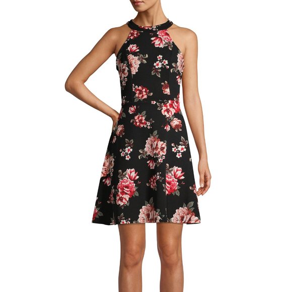 CLOSET CLOSING 7/31 No Boundaries Halter Neck Black Floral Dress Small - Picture 1 of 8